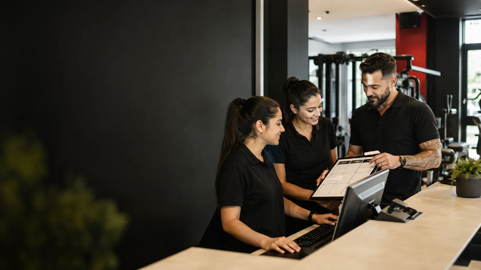 Equipe de recepção de academia revisando uma rotina comercial no começo do turno.